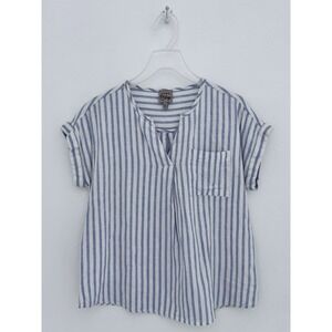 COMO VINTAGE Top Womens S White Blue Stripe Nautical Linen Blend Lagenlook
